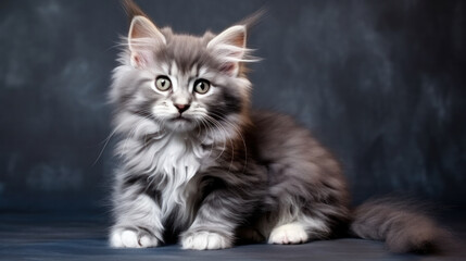 Funny large longhair gray kitten with beautiful big eyes. Free space for text.