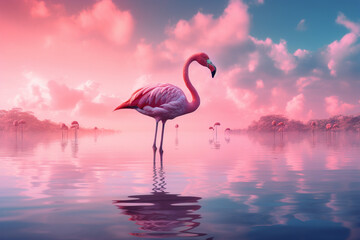 Pink flamingo stands on the lake