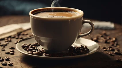 Foto op Plexiglas anti-reflex aromatic coffee in a cup on a dark background. coffee beans © woodbe