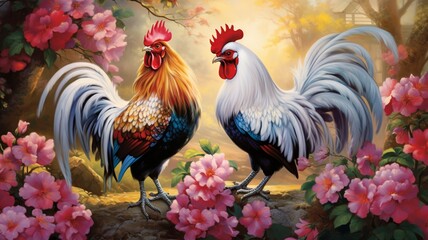 Masterpiece in Motion: An Oil Painting Depicting the Dynamic Battle of Two Fighting Roosters, Capturing the Essence of Fierce Competition and Majestic Struggle - AI Generative - obrazy, fototapety, plakaty