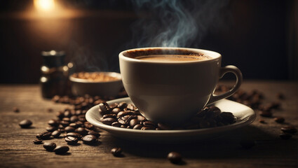 aromatic coffee in a cup on a dark background. coffee beans