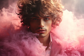 Portrait of a handsome young man in a pink smokey cloud. ai generated