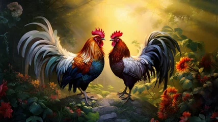 Foto op Canvas Masterpiece in Motion: An Oil Painting Depicting the Dynamic Battle of Two Fighting Roosters, Capturing the Essence of Fierce Competition and Majestic Struggle - AI Generative © Being Imaginative