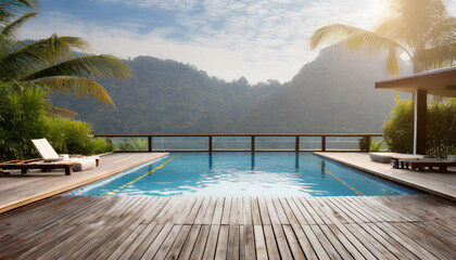Vacant wooden deck featuring a swimming pool