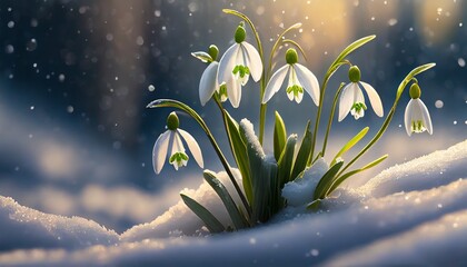 White snowdrops flowers growing from snow covered soil. AI generated image.
