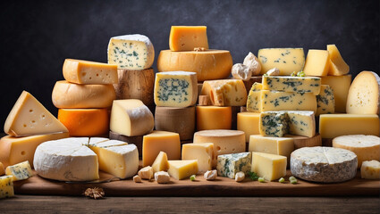 Different types of cheeses. Dark background