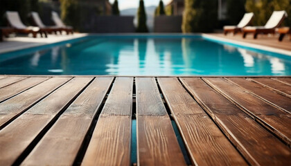 Deserted wooden terrace with a pool