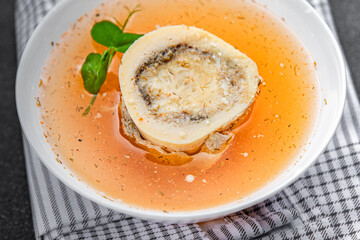 bones broth bouillon beef meat first course fresh eating cooking meal food snack on the table copy space food background rustic top view
