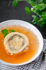 bones broth bouillon beef meat first course fresh eating cooking meal food snack on the table copy space food background rustic top view