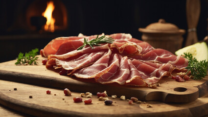 jamon meat, cuts laid out on a board. Beautiful presentation, dark background