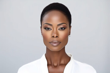 Confident African woman with short hair in a chic white blouse.