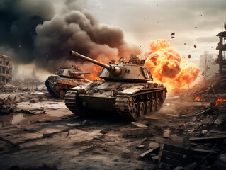 Soldier Going into War with explosions and big battles taking place