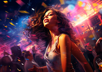 Young adult woman partying at a disco with confetti and lights