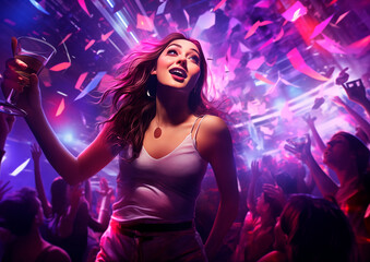 Young adult woman partying at a disco with confetti and lights