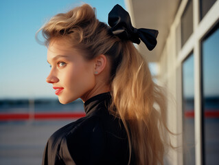 Young adult woman looking a tthe camera at the beach with sun on her skin