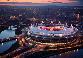 Drone shot of olympic stadium with lights on - obrazy, fototapety, plakaty