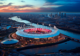 Drone shot of olympic stadium with lights on