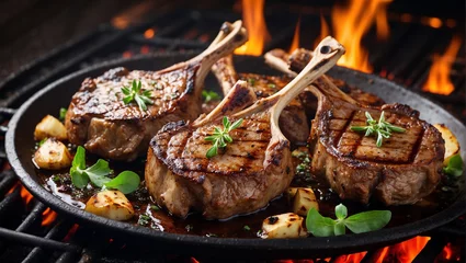 Tuinposter steak on the bone is fried on a grill against a background of fire and smoke. BBQ concept © woodbe