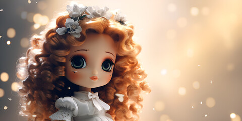 Enchanting Decoration: Cute Cartoon Doll with Long Curly Hair, Adorned in Charm: 3D Long-Haired Girl Doll with Hat and Coat generative AI - obrazy, fototapety, plakaty