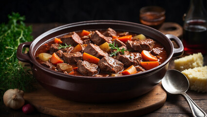 Aromatic beef stew with vegetables. in a black plate on a dark background