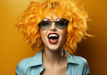 Woman with modern hairstyle with sunglasses, in studio background. AI generated