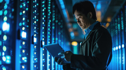 Focused IT professional using a laptop while standing in a server room with racks of network equipment illuminated by blue lights