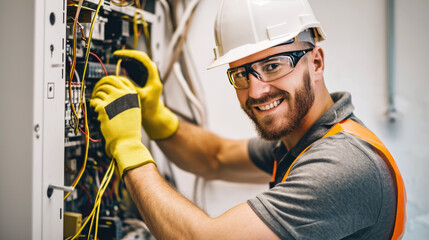 A professional electrician is smiling while working on a complex electrical panel
