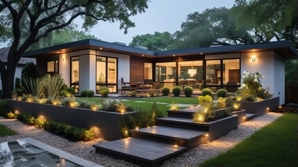 Modern house with beautiful landscape and outdoor lighting - obrazy, fototapety, plakaty