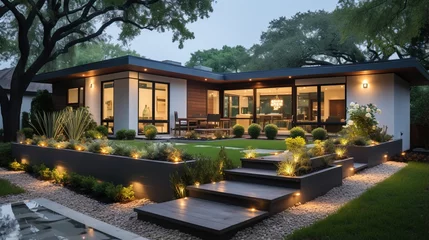 Gartenposter Grau 2 Modern house with beautiful landscape and outdoor lighting