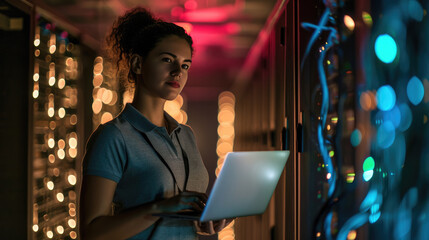 Focused IT professional using a laptop while standing in a server room with racks of network equipment illuminated by blue lights