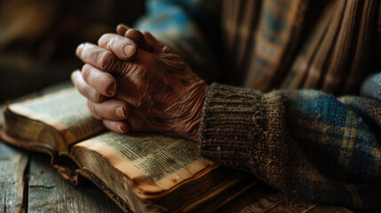 Person's hands folded in prayer over an open, well-worn bible, resting on a wooden table - obrazy, fototapety, plakaty