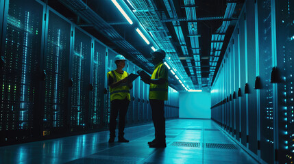 Two engineers having a discussion in the brightly illuminated aisle of a server room filled with racks of computing equipment