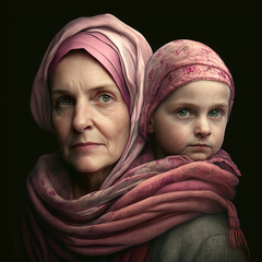Hopeful Hearts: Woman in Pink Scarf with Son, Celebrating Cancer Awareness