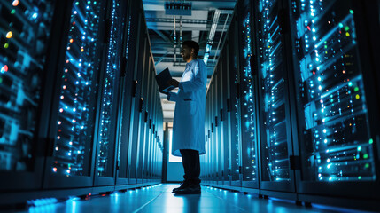 Focused IT professional using a laptop while standing in a server room with racks of network equipment illuminated by blue lights