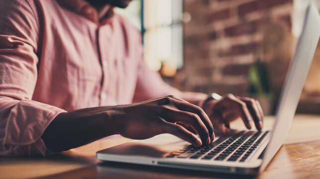 Close-up of a person's hands typing on a laptop keyboard