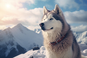 Husky on a winter expedition through snow mountainous landscape