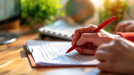 Person's hand is shown writing corrections on a printed document with a red pen, with a keyboard and a globe in the blurred background - obrazy, fototapety, plakaty