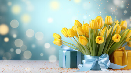 Bright yellow tulips and elegantly wrapped gifts adorned with blue and golden ribbons against a soft blue background with light bokeh and golden glitter on the surface.