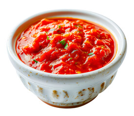 red tomato sauce in a white ceramic bowl isolated on a transparent background - Powered by Adobe
