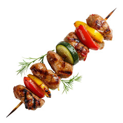 grilled shish kebab on skewer with vegetables isolated on a transparent background