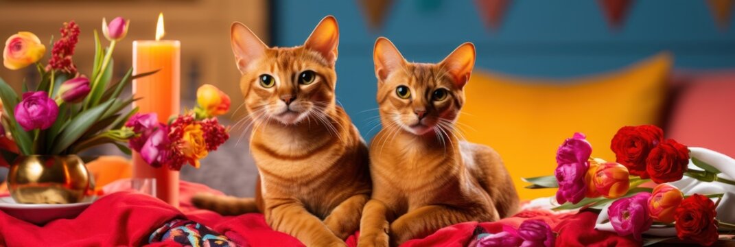 St. Valentine's Day greeting card or wide banner with cute and adorable Somali cats lying on sofa with flowers and decorative elements.