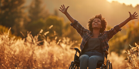Happy pretty young black woman on a wheelchair - diversity and inclusion concept - Praising the Lord - Praying for a miricale and healing - Happiness and independence despite disability - obrazy, fototapety, plakaty