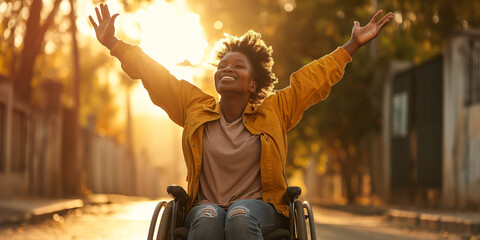 Happy young African american black woman on a wheelchair - diversity and inclusion concept - Praising the Lord - Praying for a miricale and healing - Happiness and independence despite disability - obrazy, fototapety, plakaty