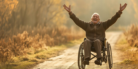 Happy senior retired man on a wheelchair - diversity and inclusion concept - Praising the Lord - Praying for a miricale and healing - Happiness and independence despite disability - obrazy, fototapety, plakaty
