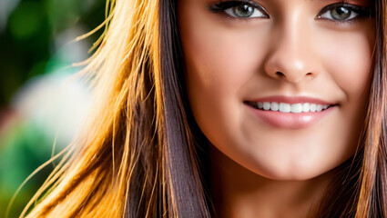 Fototapeta premium Beautiful smiling model with green eyes and brown straight hair.