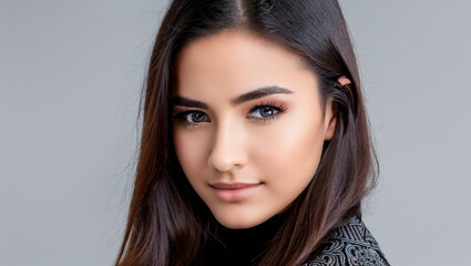 Naklejka premium Beautiful dark-eyed model with brunette straight hair and black sweater.