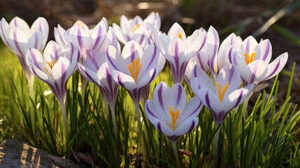 Purple and white crocuses with bright orange stigmas blooming amidst fallen leaves, capturing the essence of spring.