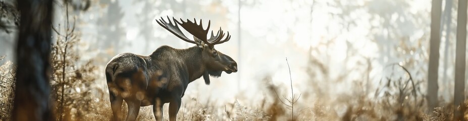 Moose in the wild nature. Wide horizontal banner or web site header. Outdoor background with copy space.