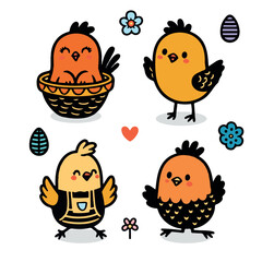 Cartoon Easter chicks. Cute baby farm birds with yellow feathers. Isolated newborn poultry, vector set