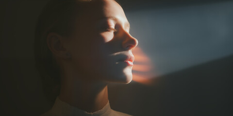 Woman's profile with a serene expression, caressed by a warm light